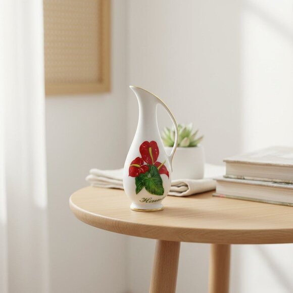 Miniature Violettas Art Hawaii Ceramic Vase Red Floral Design & Gold Accent Trim - Picture 2 of 6